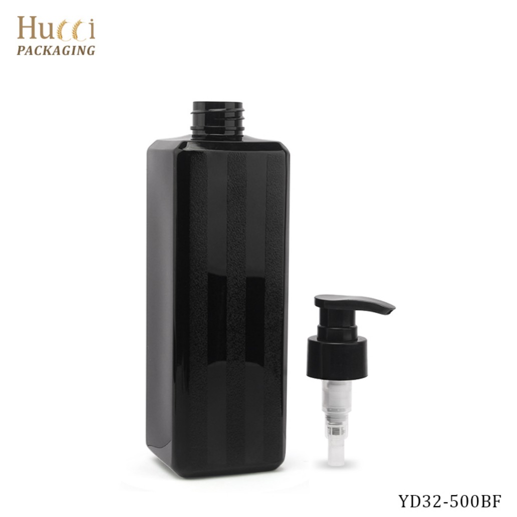 500ml Empty Black PET Square Bottle with Separate Black Lotion Pump, Custom OEM Wholesale Packaging.}