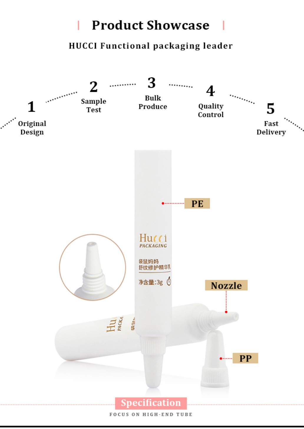 HUCCI 3g PE Tube Product Showcase with Nozzle and PP Cap, Highlighting Custom OEM/ODM Wholesale Services. HUCCI 3g PE Tube Product Showcase with Nozzle and PP Cap, Highlighting Custom OEM/ODM Wholesale Services.