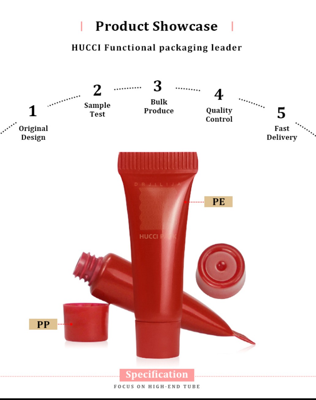HUCCI Red PE Tube Product Showcase with PP Cap, Highlighting Custom OEM/ODM Wholesale Services.