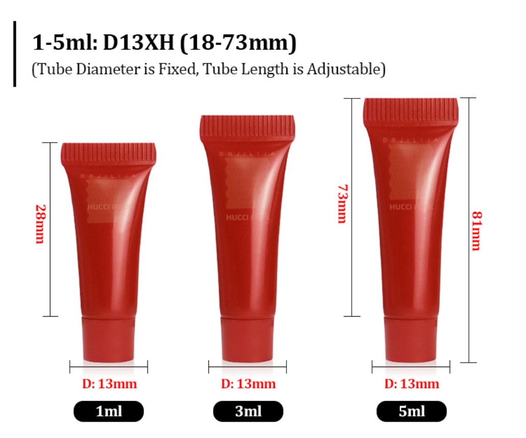1ml 3ml 5ml Red PE Cosmetic Tube Dimension Chart with Adjustable Length (18-73mm) for Custom Wholesale Orders.