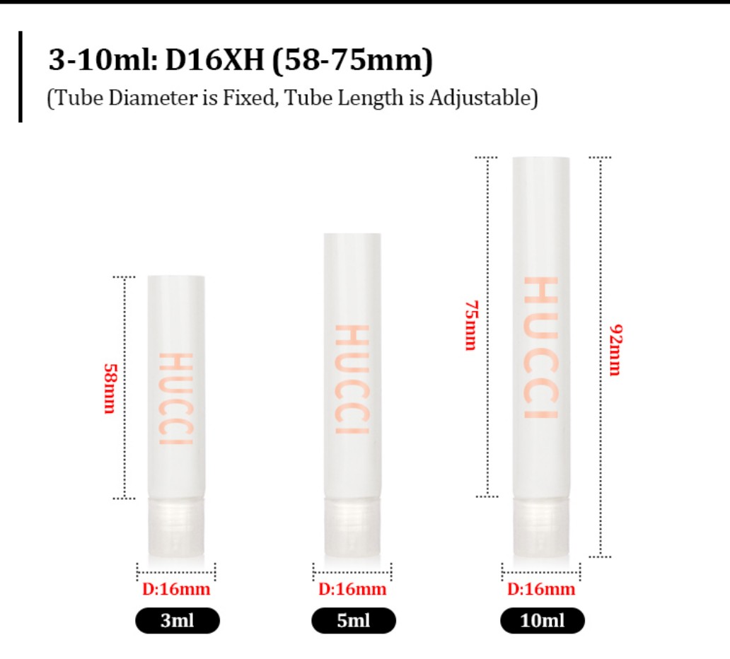3ml 5ml 10ml White PE Tube Dimension Chart with Adjustable Length (58-75mm) for Custom Wholesale Orders. 3ml 5ml 10ml White PE Tube Dimension Chart with Adjustable Length (58-75mm) for Custom Wholesale Orders.
