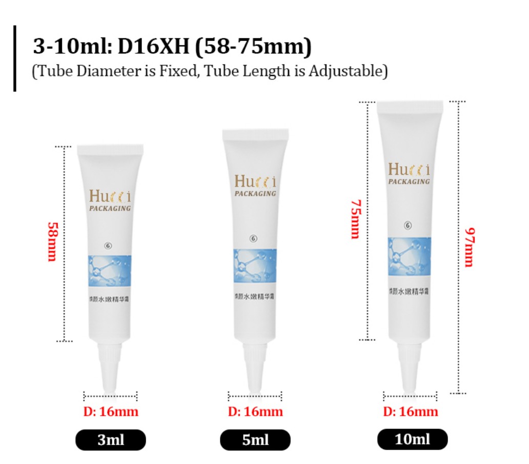 3-10ml White PE Tube Dimension Chart with Adjustable Length (58-75mm) for Custom Wholesale Orders. 3-10ml White PE Tube Dimension Chart with Adjustable Length (58-75mm) for Custom Wholesale Orders.