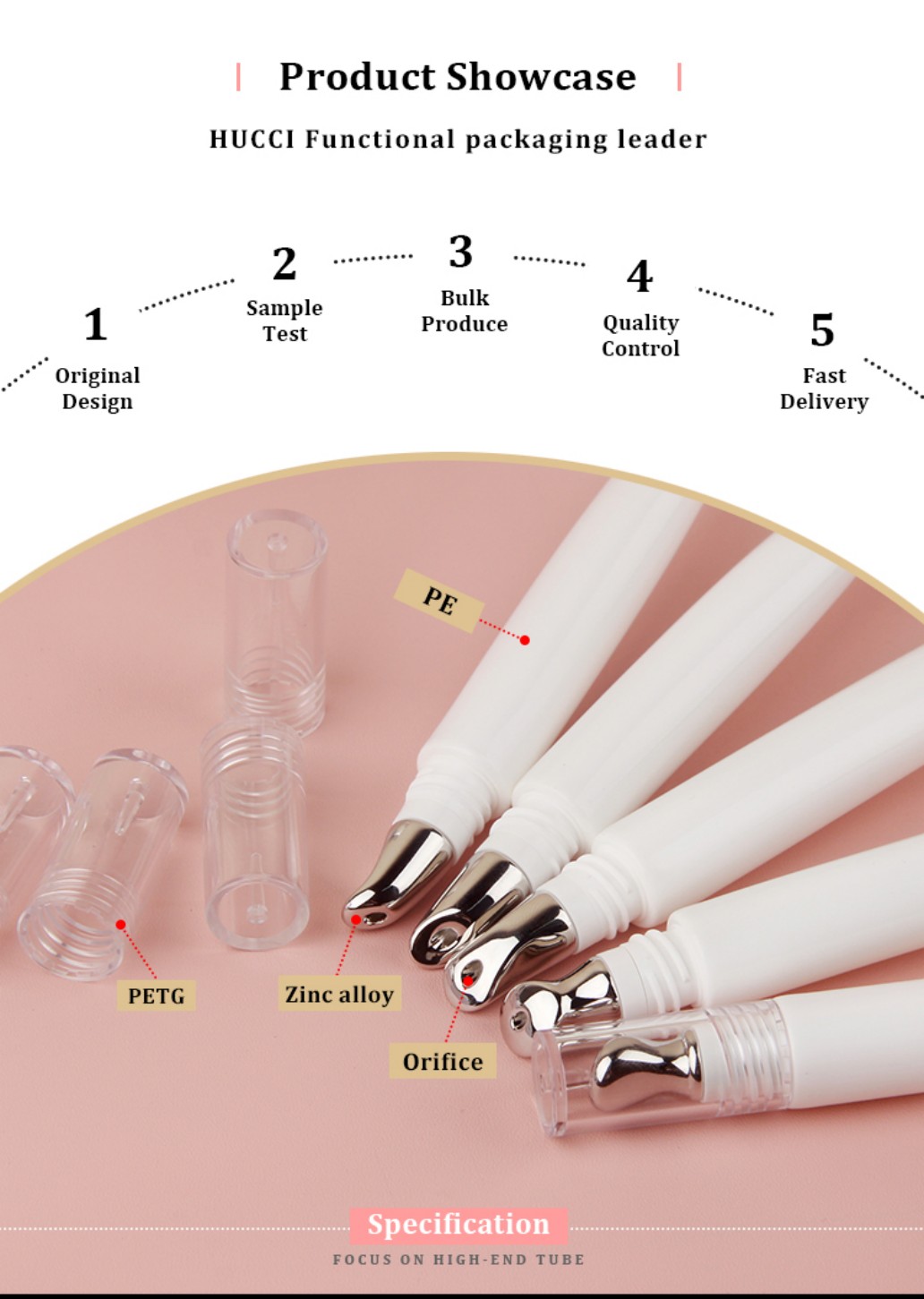 HUCCI 3-10ml PE Cosmetic Tube Product Showcase with Zinc Alloy Applicator and PETG Cap, Highlighting Custom OEM/ODM Wholesale Services.