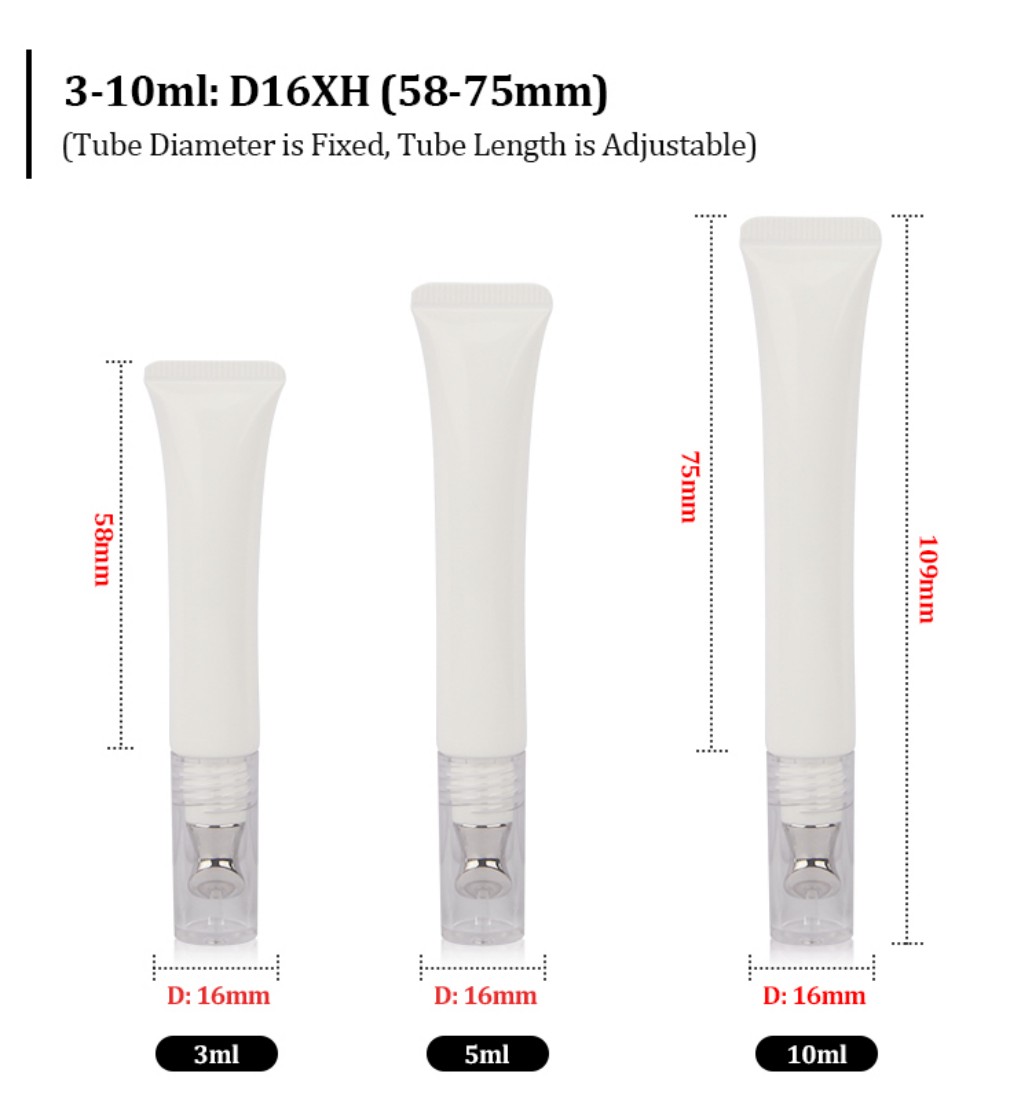 3ml 5ml 10ml PE Eye Cream Tube Dimension Chart with Adjustable Length (58-75mm) for Custom Wholesale Orders.