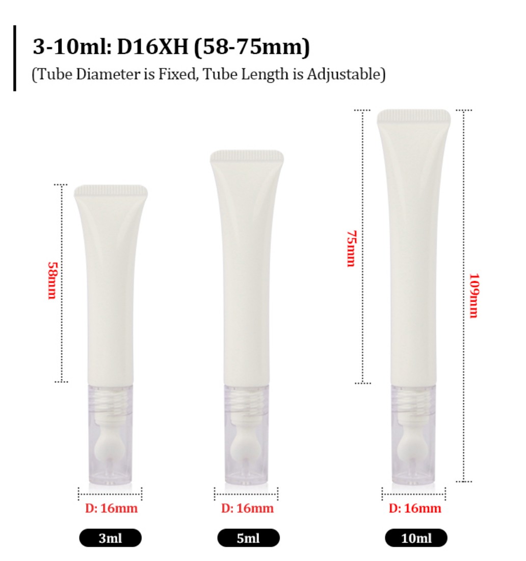 3ml 5ml 10ml White PE Tube Dimension Chart with Adjustable Length (58-75mm) for Custom Wholesale Orders. 3ml 5ml 10ml White PE Tube Dimension Chart with Adjustable Length (58-75mm) for Custom Wholesale Orders.