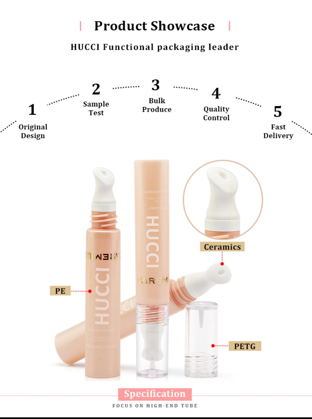 HUCCI 3-10ml Pink PE Tube Product Showcase with Ceramic Applicator and PETG Cap, Highlighting Custom OEM/ODM Wholesale Services. HUCCI 3-10ml Pink PE Tube Product Showcase with Ceramic Applicator and PETG Cap, Highlighting Custom OEM/ODM Wholesale Services.
