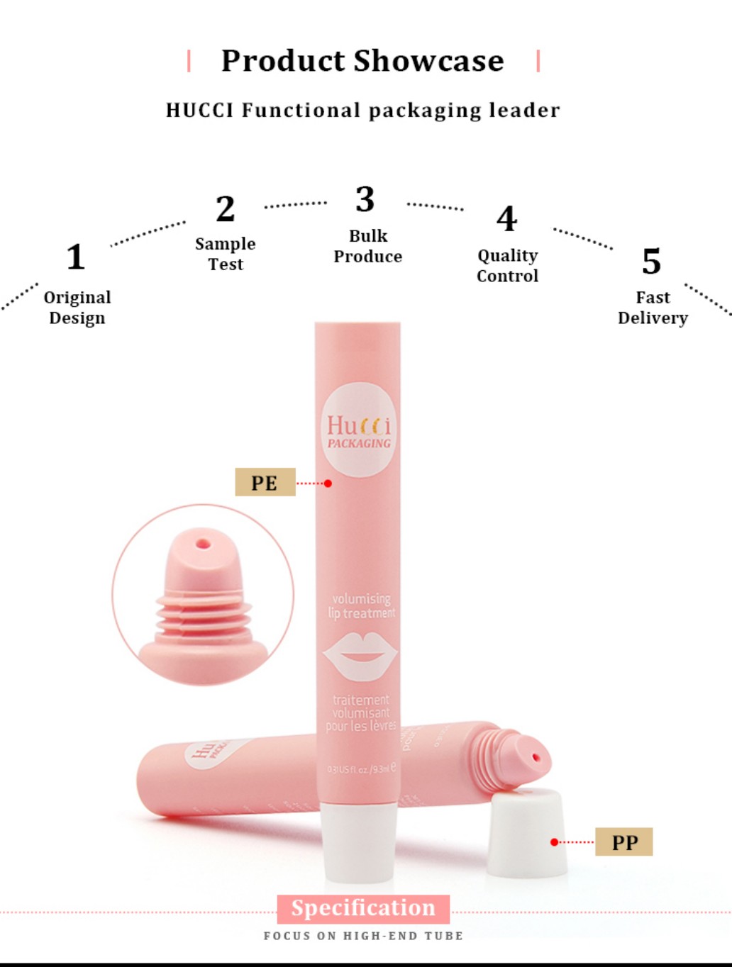HUCCI Pink PE Lip Tube Product Showcase with PP Cap, Highlighting Custom OEM/ODM Wholesale Services. HUCCI Pink PE Lip Tube Product Showcase with PP Cap, Highlighting Custom OEM/ODM Wholesale Services.