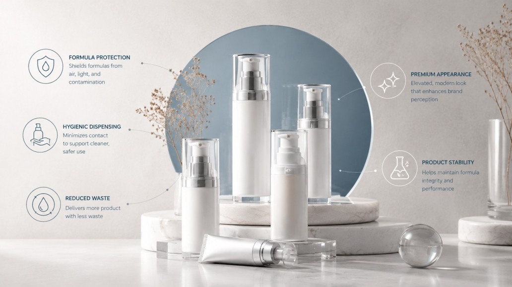 Airless cosmetic packaging bottles showing formula protection, hygienic dispensing and reduced product waste Airless cosmetic packaging bottles showing formula protection, hygienic dispensing and reduced product waste