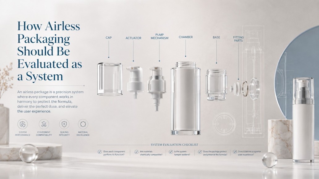 Exploded airless packaging system showing pump, actuator, chamber, cap and fitting components Exploded airless packaging system showing pump, actuator, chamber, cap and fitting components