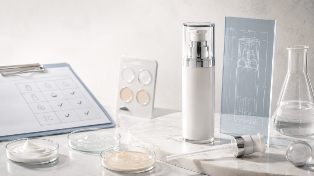 Airless cosmetic bottle with cream, serum and lotion samples for formula compatibility testing Airless cosmetic bottle with cream, serum and lotion samples for formula compatibility testing