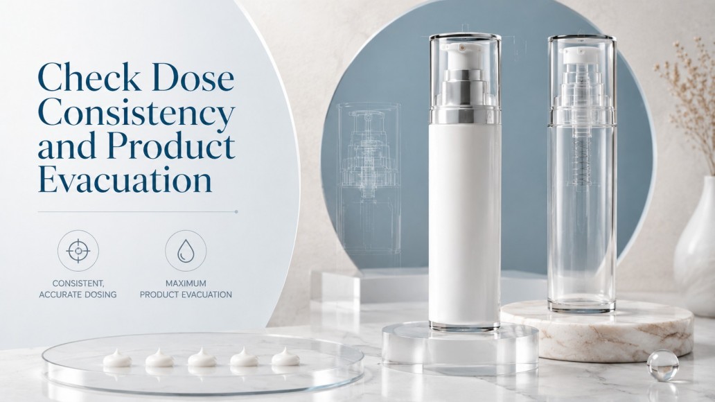 Airless pump bottle demonstrating consistent dosing and efficient cosmetic product evacuation Airless pump bottle demonstrating consistent dosing and efficient cosmetic product evacuation