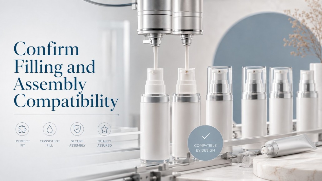 Airless cosmetic packaging bottles undergoing filling and assembly compatibility on a production line Airless cosmetic packaging bottles undergoing filling and assembly compatibility on a production line