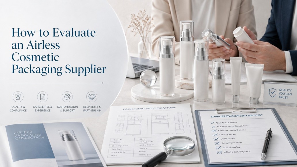 Buyer evaluating airless cosmetic packaging supplier samples, specifications and quality requirements Buyer evaluating airless cosmetic packaging supplier samples, specifications and quality requirements