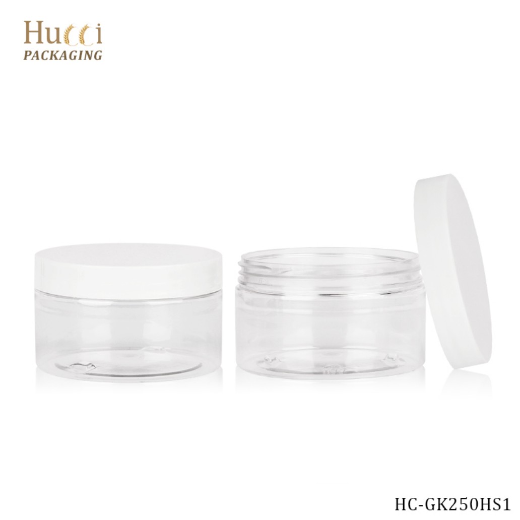 250g Clear PET Cosmetic Jar with White PP Lid Showing Open and Closed States for Custom Wholesale Packaging.