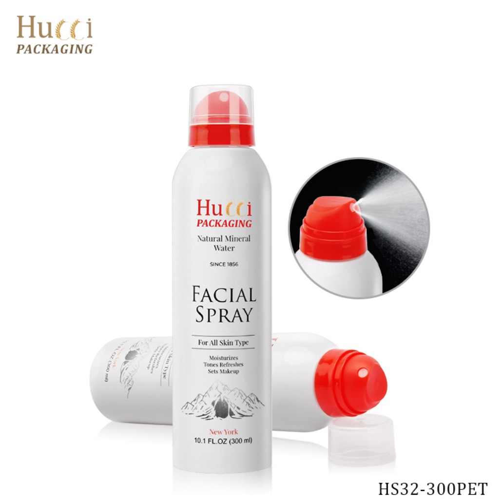 300ml White PET Facial Spray Bottle with Red Mist Sprayer and Clear Cap, Custom Logo Wholesale Packaging.