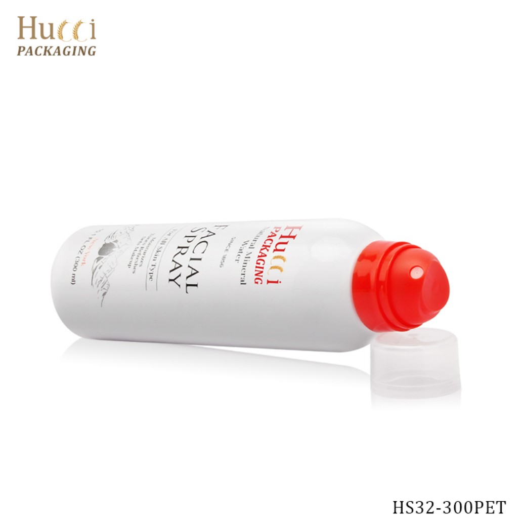 300ml White PET Facial Mist Bottle Lying with Red PP Pump and Clear Overcap for Custom Printing Wholesale.}