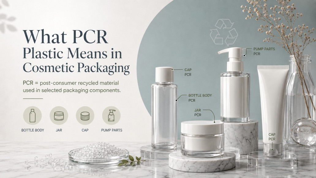 PCR cosmetic packaging showing recycled plastic used in bottle bodies, jars, caps and pump components PCR cosmetic packaging showing recycled plastic used in bottle bodies, jars, caps and pump components