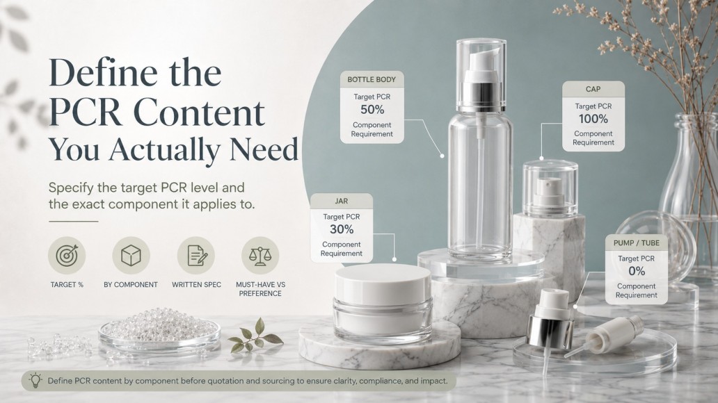 PCR cosmetic packaging components with target recycled content percentages for bottles, jars, caps and pumps PCR cosmetic packaging components with target recycled content percentages for bottles, jars, caps and pumps