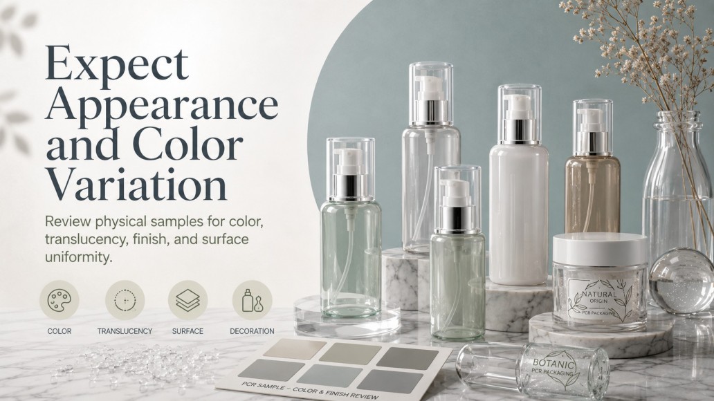 PCR cosmetic packaging samples showing color, translucency, surface finish and appearance variation PCR cosmetic packaging samples showing color, translucency, surface finish and appearance variation