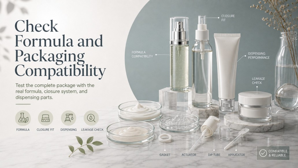 PCR cosmetic packaging compatibility testing with real formulas, closures, pumps and dispensing components PCR cosmetic packaging compatibility testing with real formulas, closures, pumps and dispensing components