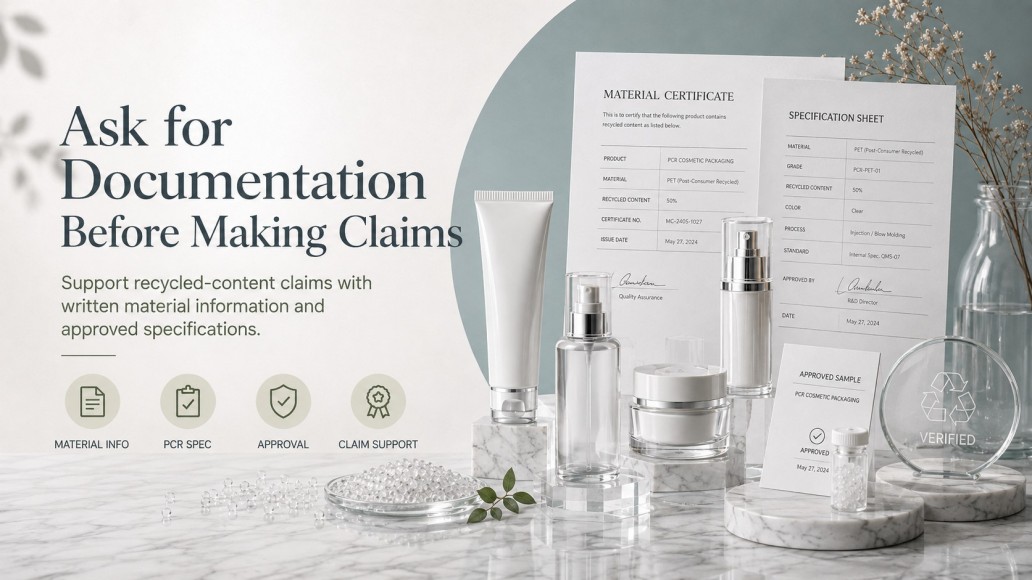 PCR cosmetic packaging with material certificates, recycled content specifications and approved documentation PCR cosmetic packaging with material certificates, recycled content specifications and approved documentation