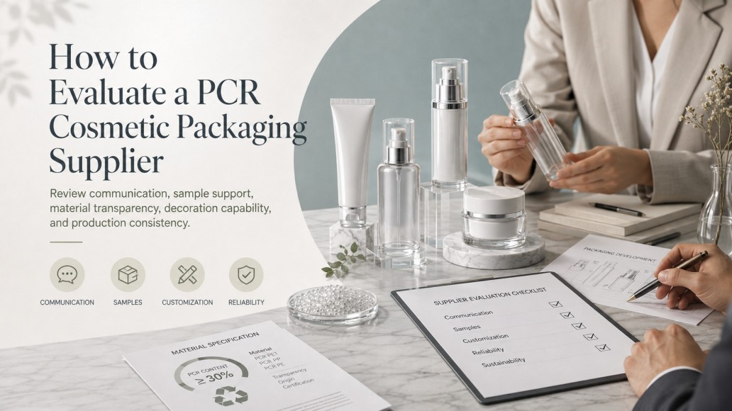 Buyer evaluating PCR cosmetic packaging supplier samples, material specifications and production capabilities Buyer evaluating PCR cosmetic packaging supplier samples, material specifications and production capabilities