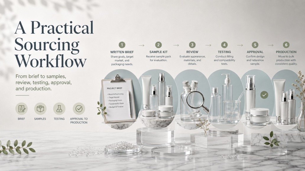 PCR cosmetic packaging sourcing workflow from product brief and samples to testing, approval and production PCR cosmetic packaging sourcing workflow from product brief and samples to testing, approval and production