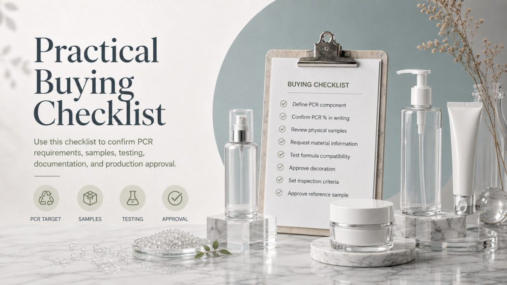 PCR cosmetic packaging buying checklist covering recycled content, samples, testing, documentation and approval PCR cosmetic packaging buying checklist covering recycled content, samples, testing, documentation and approval