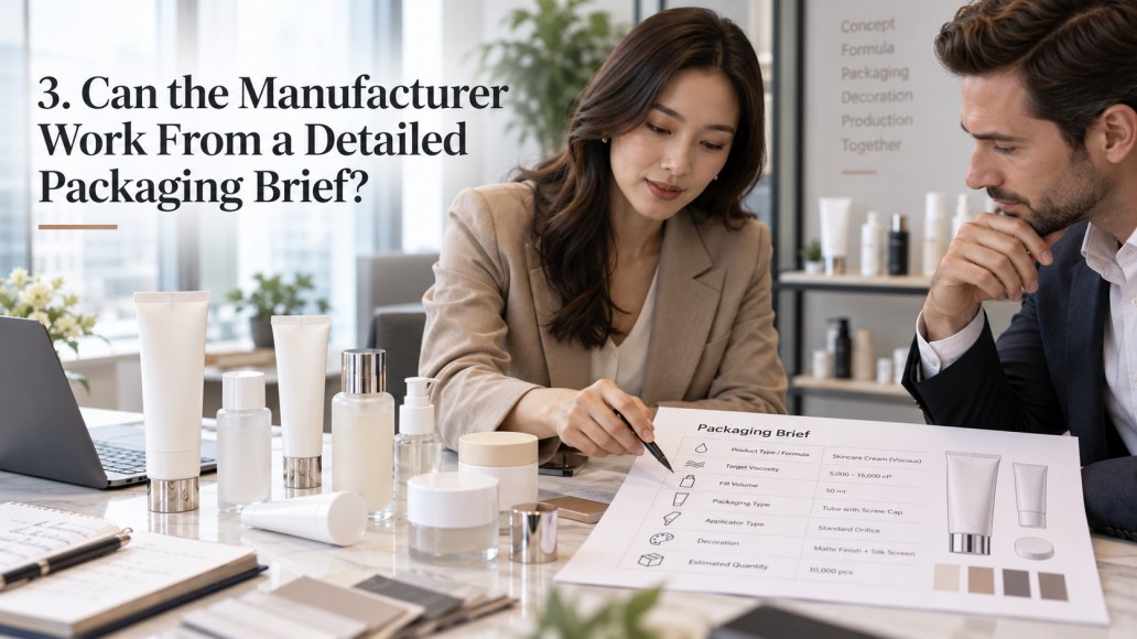 cosmetic packaging supplier reviewing a detailed packaging brief with product samples cosmetic packaging supplier reviewing a detailed packaging brief with product samples