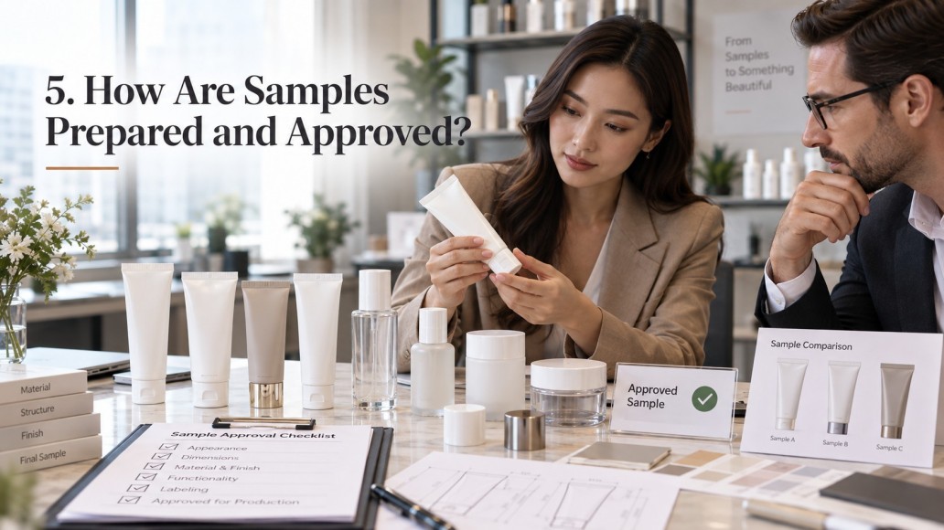 cosmetic packaging samples being reviewed and approved before mass production cosmetic packaging samples being reviewed and approved before mass production