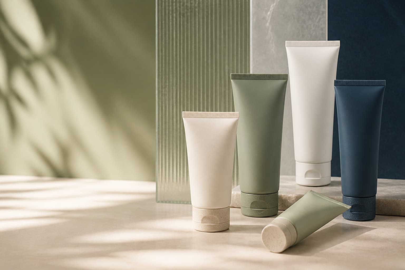Unbranded sustainable cosmetic soft tubes in a premium editorial setting