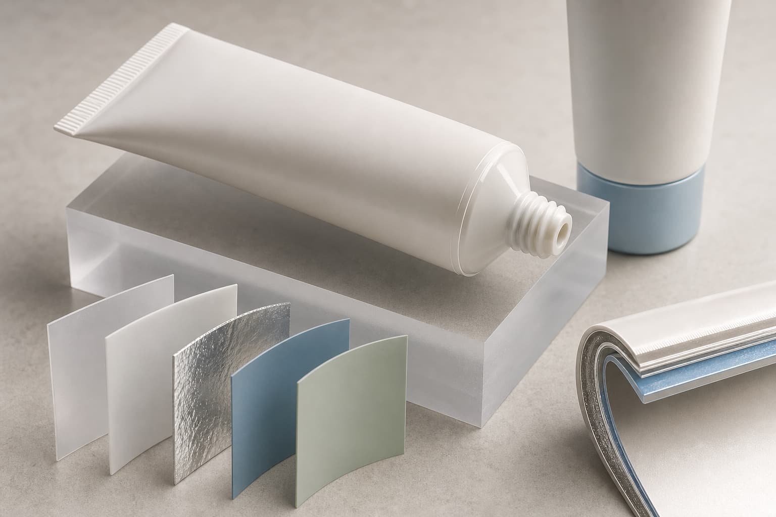 Technical still life showing abstract cosmetic tube structures and material layers